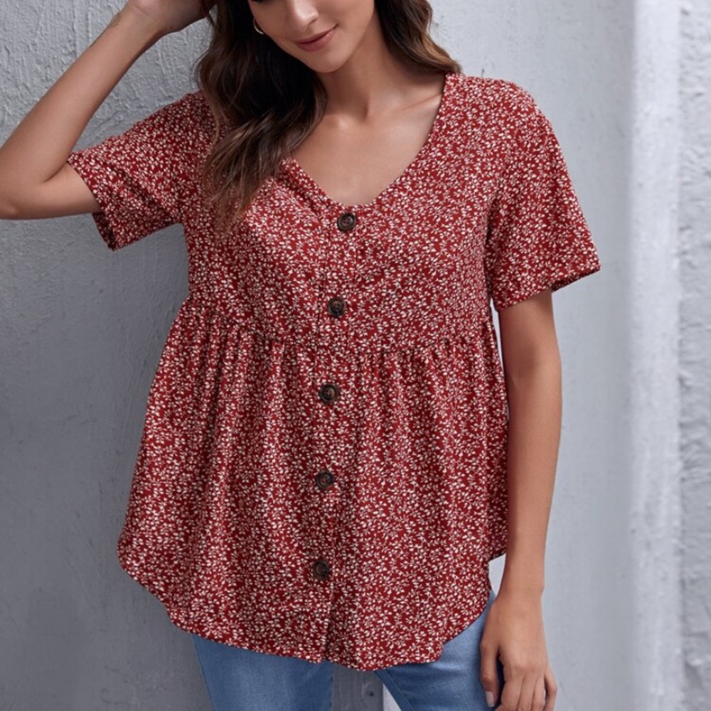 NWOT SHEIN Button Front Plants Print Smock Blouse